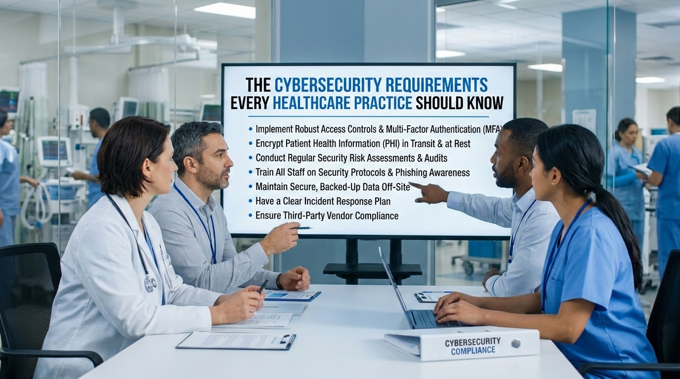 Healthcare team reviewing cybersecurity risk analysis and HIPAA safeguards