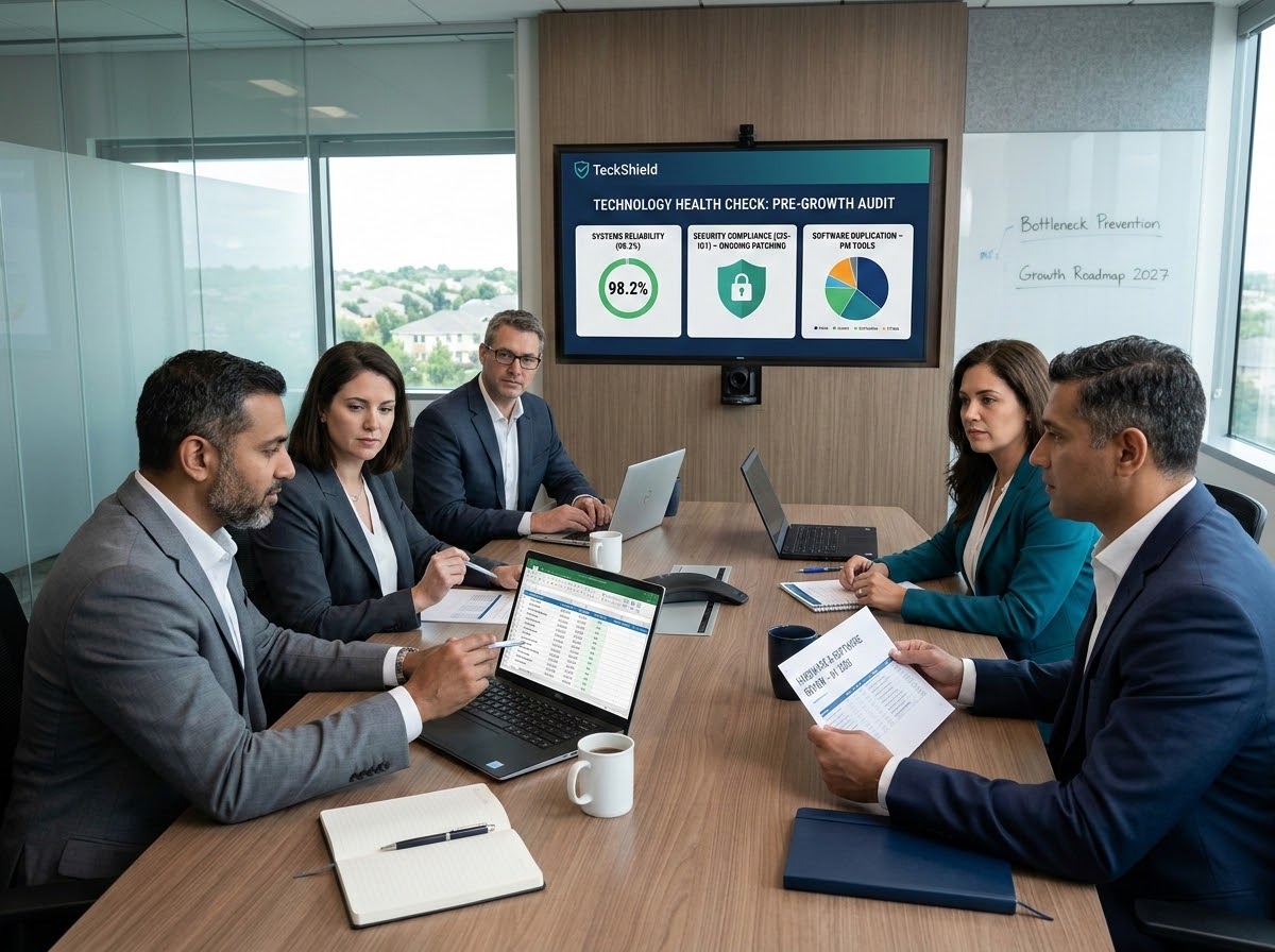 Business team reviewing a technology health check and growth roadmap