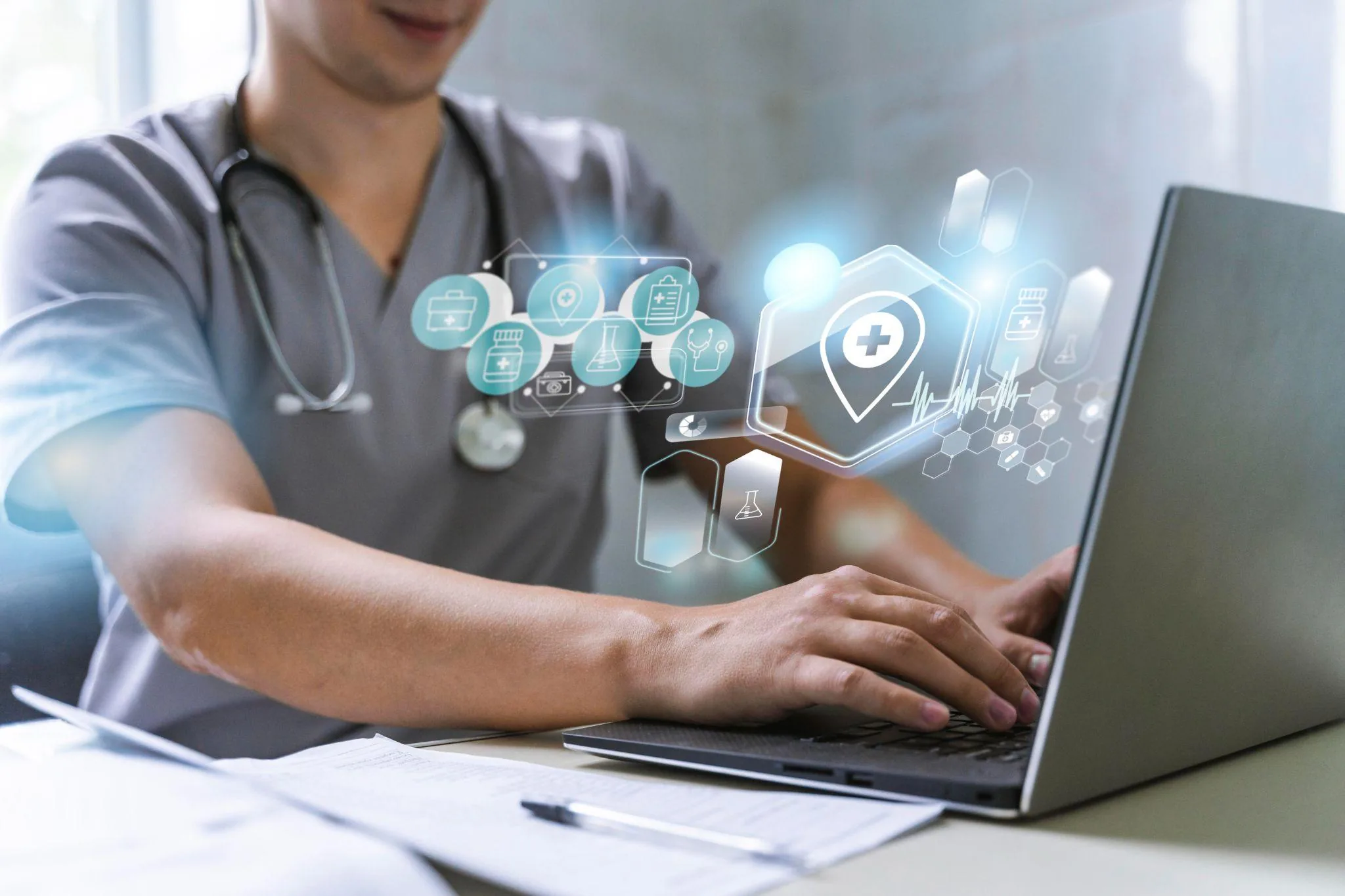 Healthcare professional using modern clinical technology systems