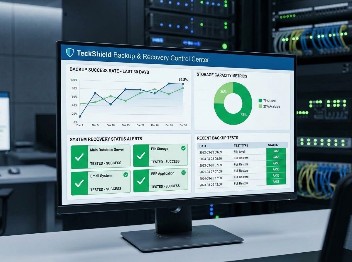 Backup and recovery control center showing successful restore tests and storage metrics